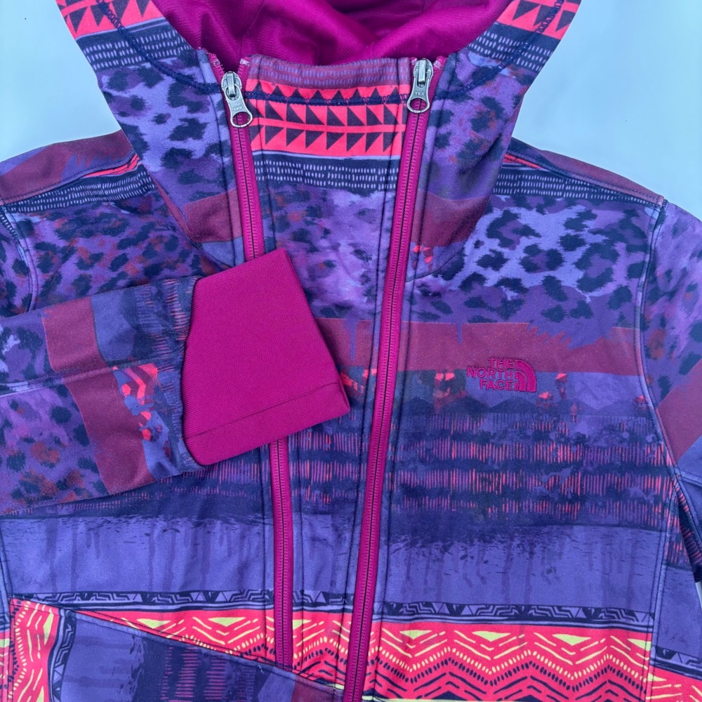 The North Face Hooded Fleece Jacket Womens Large Purple Tribal Leopard Print Zip